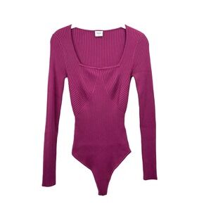 Abercrombie & Fitch ribbed Long-Sleeve Square‎ neck Bodysuit Size S fuchsia pink